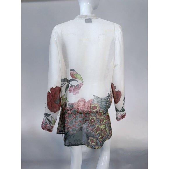 Yuka Beach Floral Embellished Chiffon Tunic Top L White Multicolor Lightweight - Picture 4 of 16